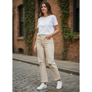 Risen Jeans Women'  Size M Wide Leg Cropped Khaki Destroyed Stretch Denim  #436